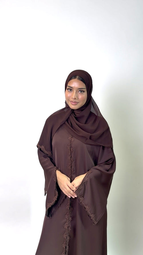 Chocolate Brown Rosette Lace Abaya