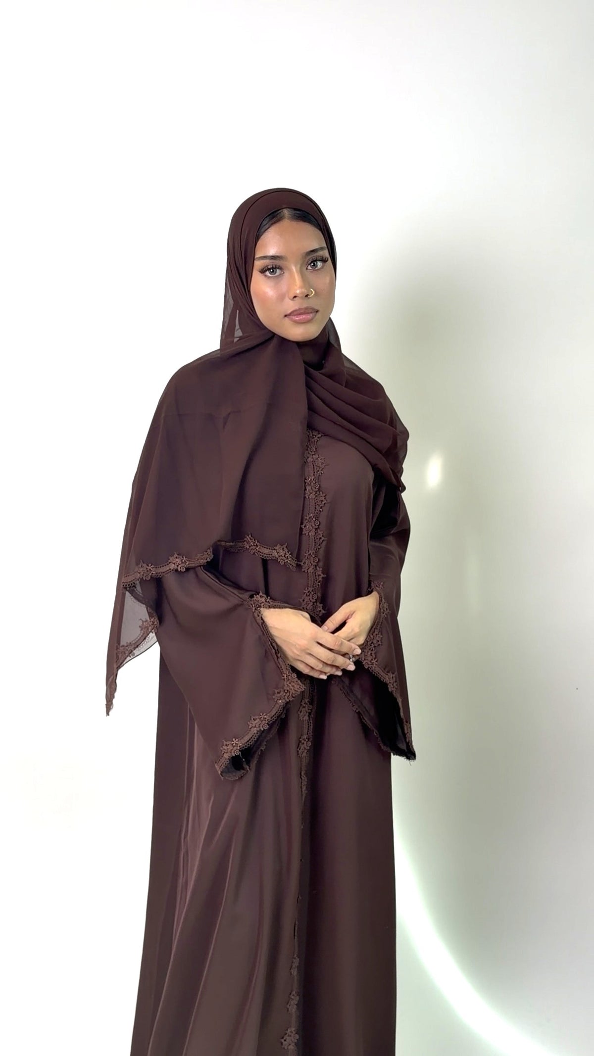 Chocolate Brown Rosette Lace Abaya