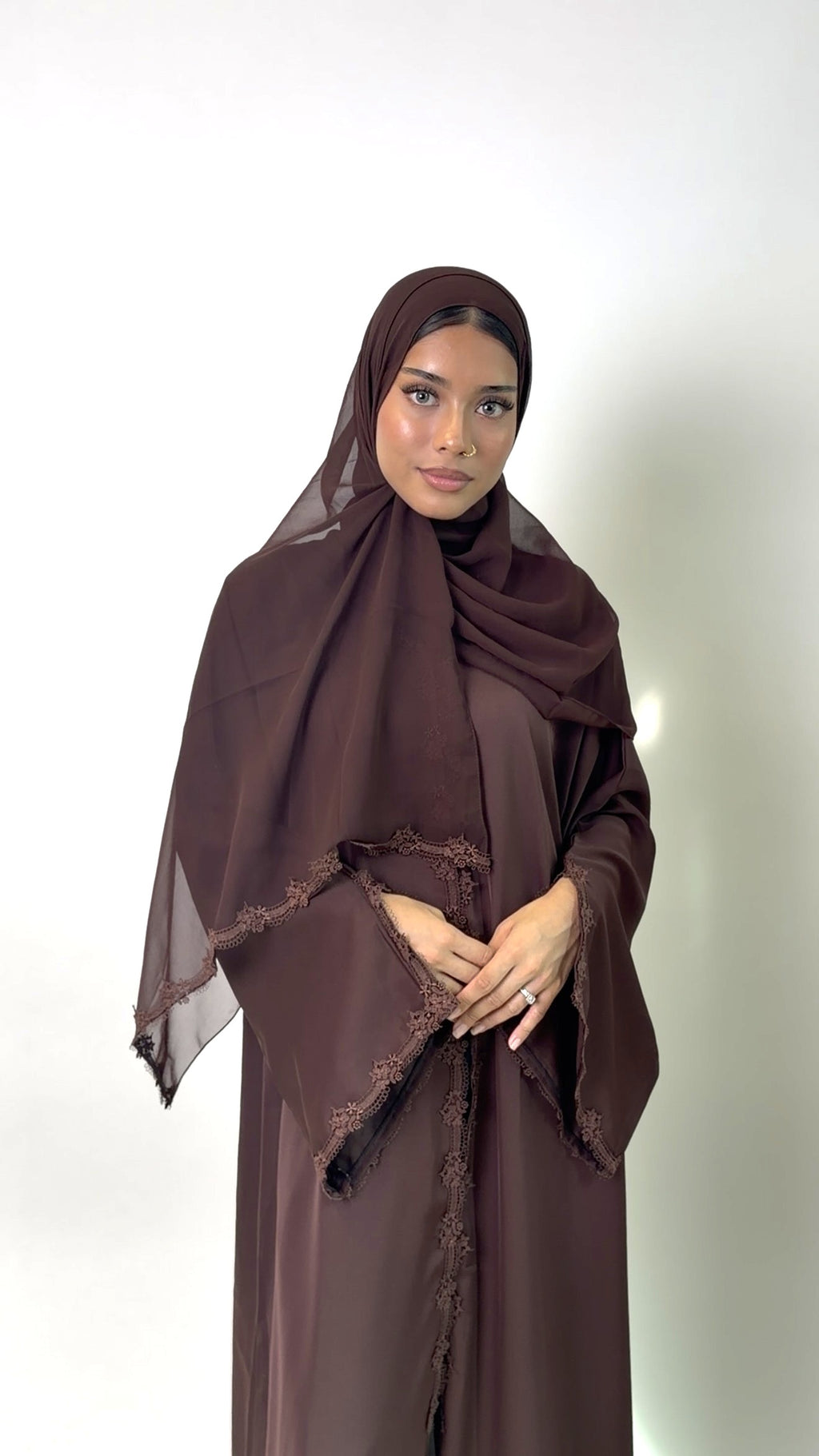 Chocolate Brown Rosette Lace Abaya