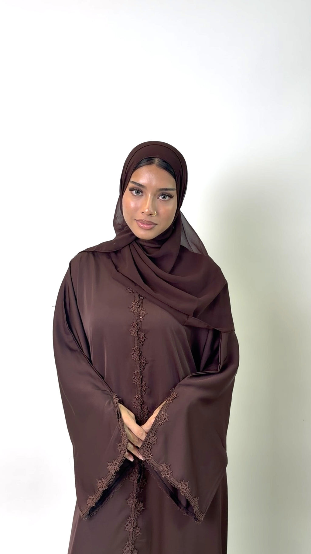 Chocolate Brown Rosette Lace Abaya