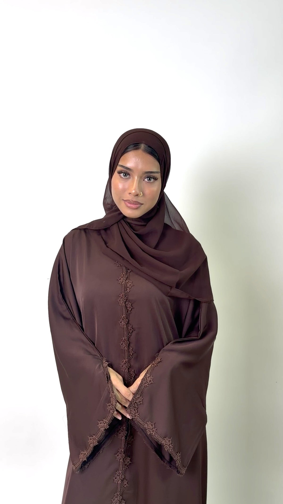 Chocolate Brown Rosette Lace Abaya
