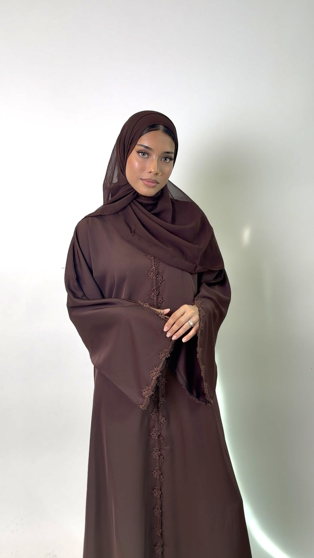 Chocolate Brown Rosette Lace Abaya